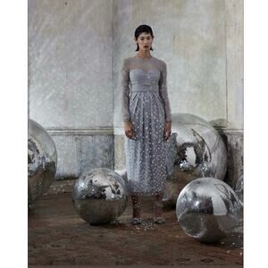 Self-Portrait Sequined Tulle Satin Tiered Midi Dress Grey US 8